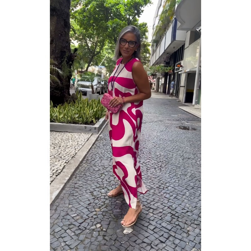 Laisvalaikio madingos suknelės be rankovių, margintos apvaliu kaklu-LT