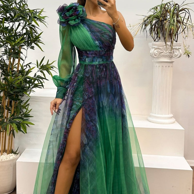 Γυναικεία Φορέματα με Στάμπα και Λοξούς Ώμους-GR