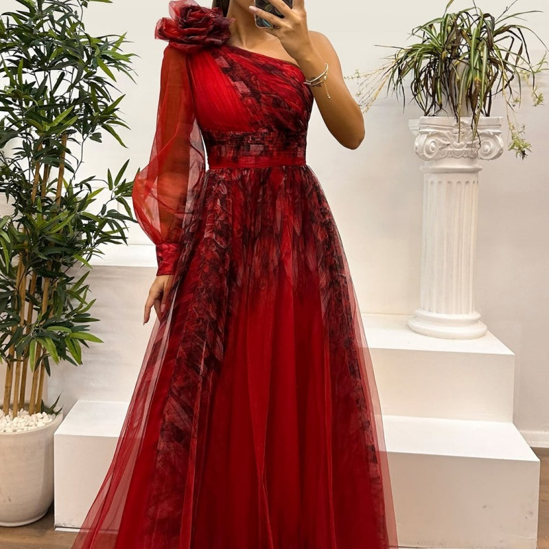 Γυναικεία Φορέματα με Στάμπα και Λοξούς Ώμους-GR