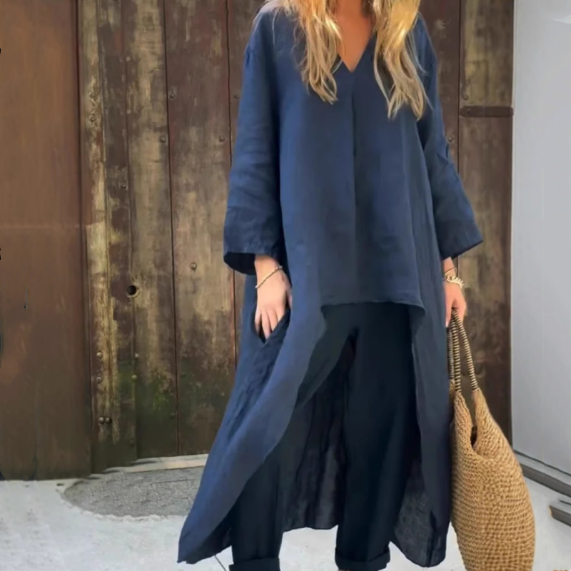 💖Vasarinis lininis moteriškas dviejų dalių kostiumėlis su kišenėmis ir smailia iškirpte-LT