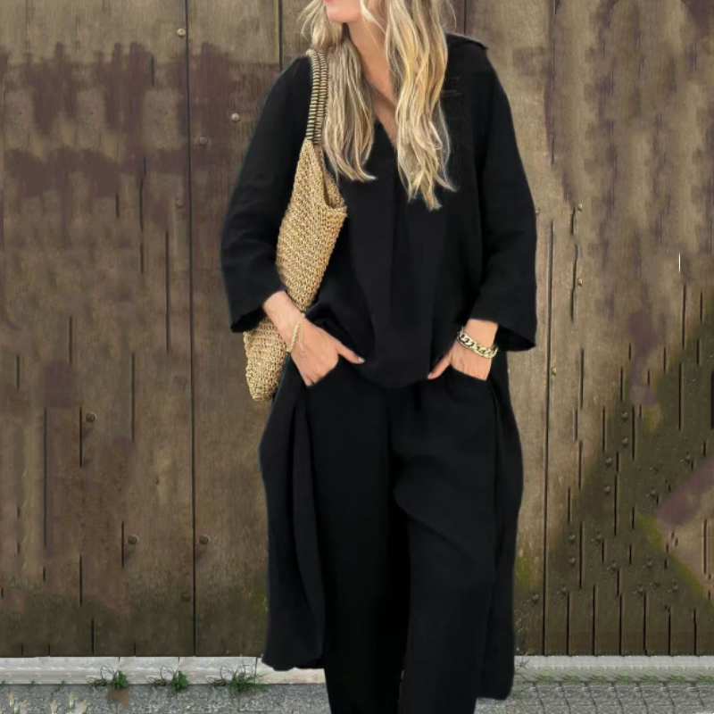 💖Vasarinis lininis moteriškas dviejų dalių kostiumėlis su kišenėmis ir smailia iškirpte-LT