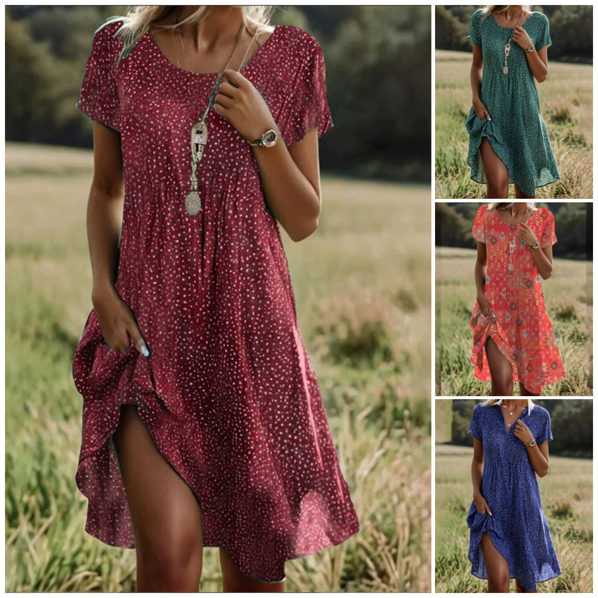 🌸Elegantné zelené midi šaty s krátkym rukávom a bodkami-SK