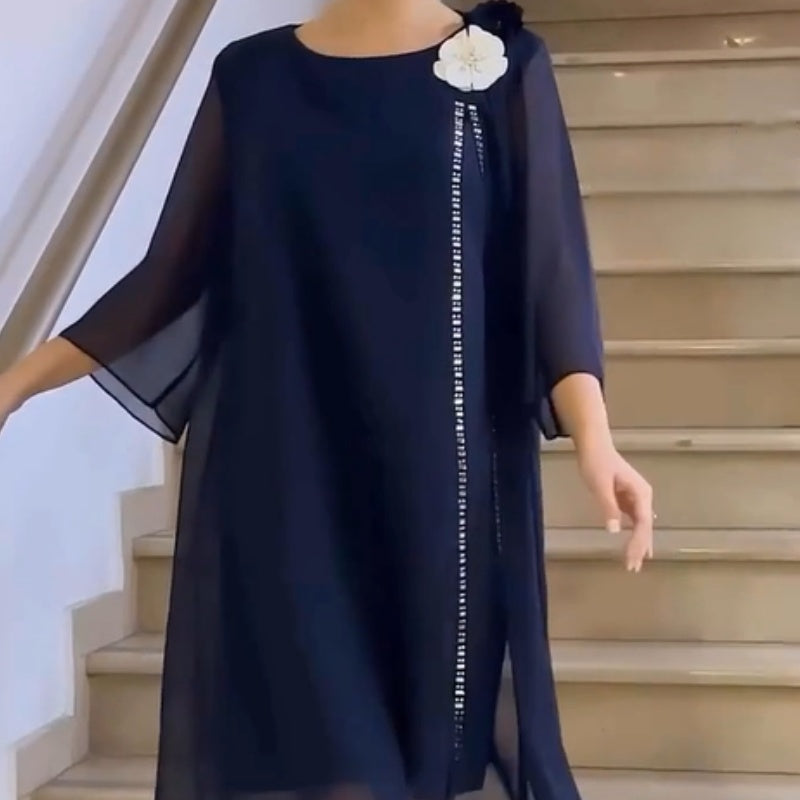 🌸✨【S-4XL】Γυναικείο φόρεμα από πλέγμα με στρογγυλή λαιμόκοψη και φλοράλ μπροστινό μέρος-GR