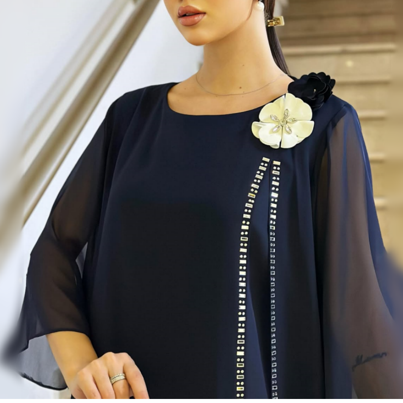 🌸✨【S-4XL】Γυναικείο φόρεμα από πλέγμα με στρογγυλή λαιμόκοψη και φλοράλ λεπτομέρειες-SK