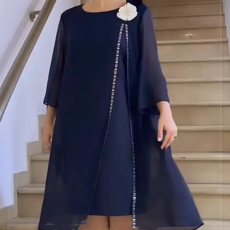 🌸✨【S-4XL】Γυναικείο φόρεμα από πλέγμα με στρογγυλή λαιμόκοψη και φλοράλ μπροστινό μέρος-GR