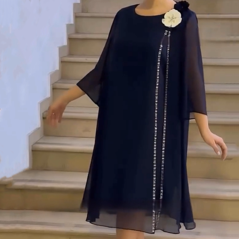 🌸✨【S-4XL】Γυναικείο φόρεμα από πλέγμα με στρογγυλή λαιμόκοψη και φλοράλ λεπτομέρειες-LT