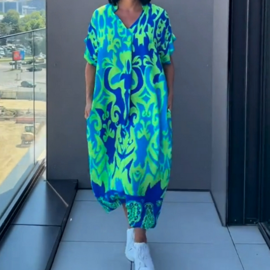 🌿Γυναικείο κομψό φόρεμα με στάμπα V λαιμόκοψη-GR