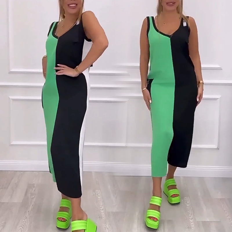 Spalvinga megzta suknelė be rankovių V formos iškirpte-LT