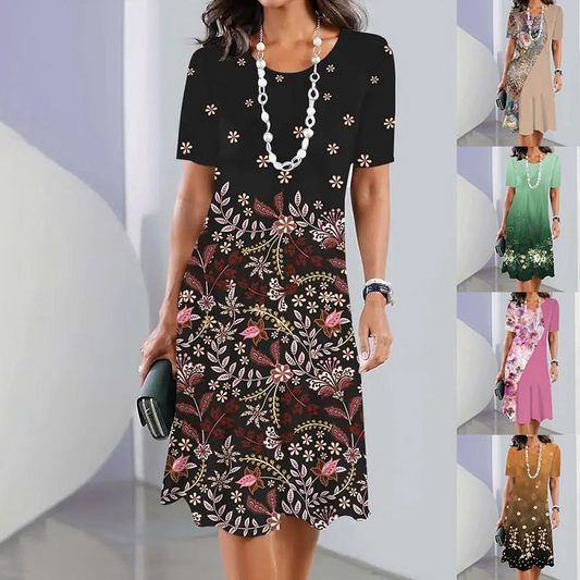 🌸Elegantiška moteriška suknelė su apvaliu kaklu gėlių raštais-LT