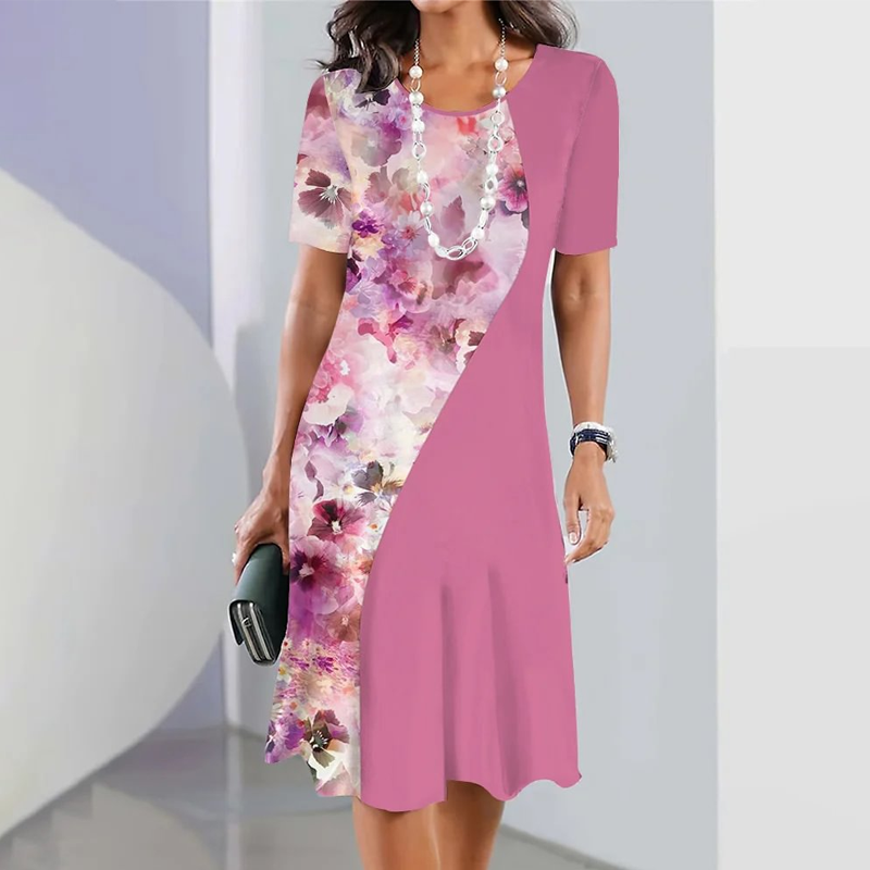 🌸Elegante vestido de mujer con escote redondo y estampados florales.-ES