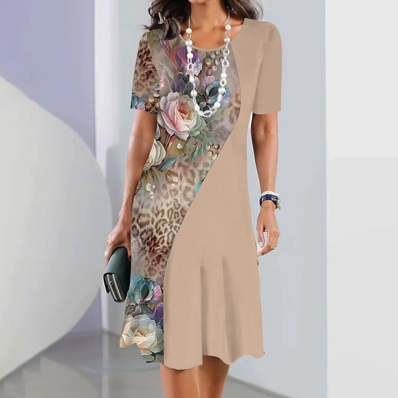 🌸Elegantna ženska obleka z okroglim izrezom in cvetličnimi vzorci-SI