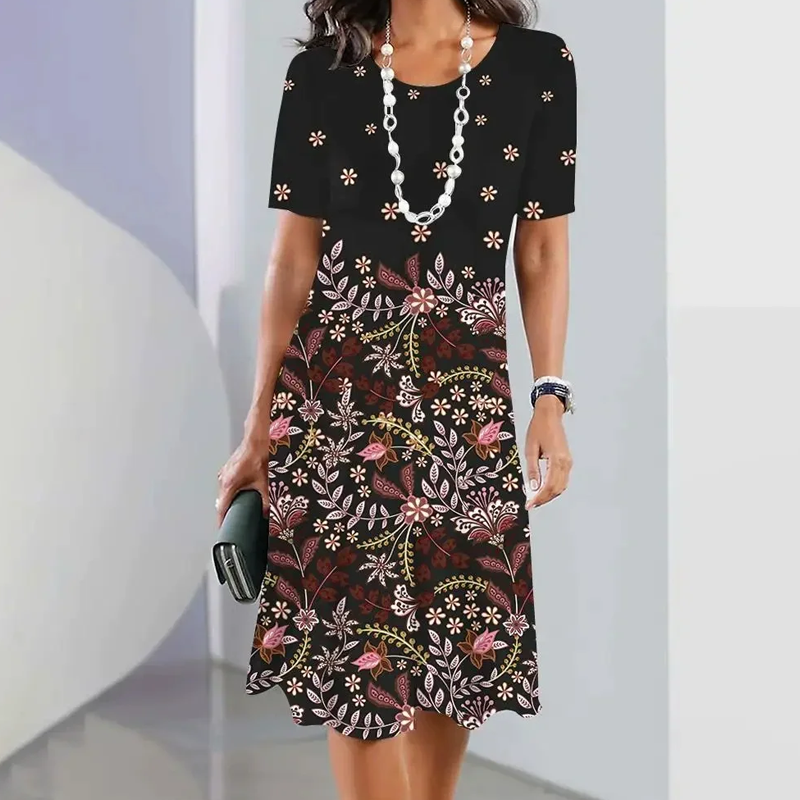 🌸Elegantiška moteriška suknelė su apvaliu kaklu gėlių raštais-LT