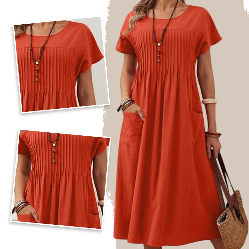 Γυναικείο πλισέ φόρεμα με κοντά μανίκια και τσέπες-GR