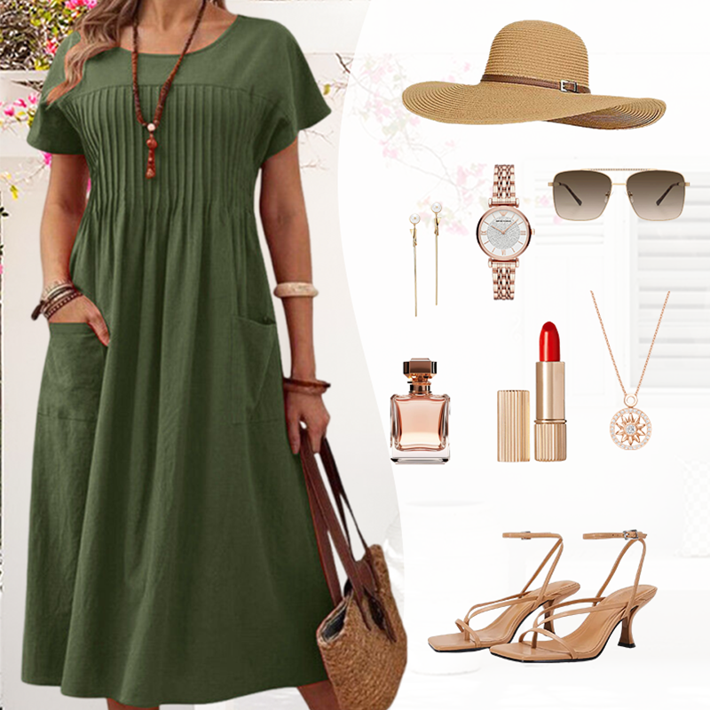 Moteriška klostuota suknelė su trumpomis rankovėmis ir kišenėmis-LT