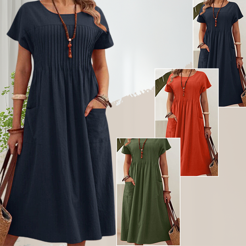 Γυναικείο πλισέ φόρεμα με κοντά μανίκια και τσέπες-GR