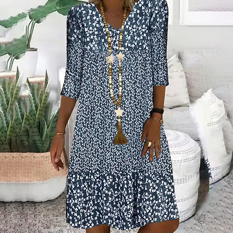 Γυναικεία εμπριμέ γυναικεία φορέματα με μεσαίο μανίκι V λαιμόκοψη-GR