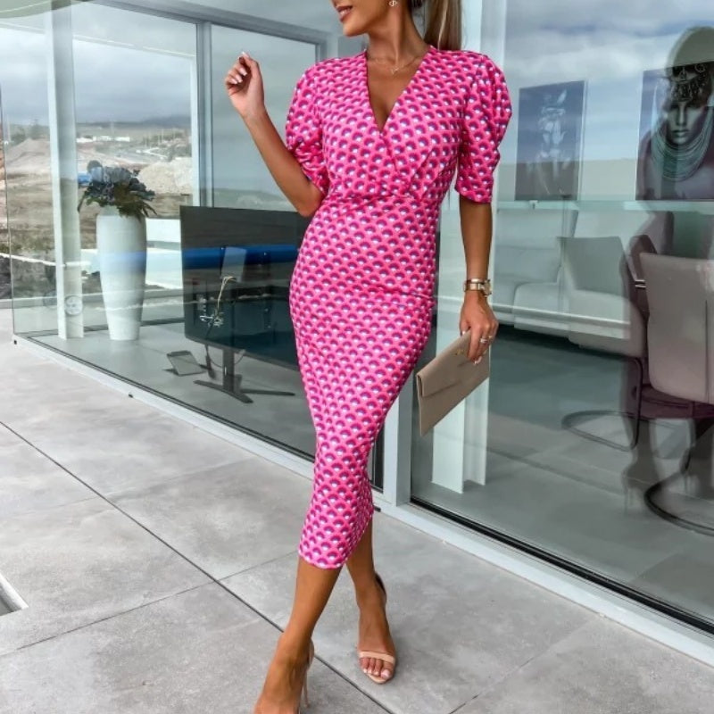 Γυναικεία φορέματα με κοντό μανίκι και V λαιμόκοψη-GR