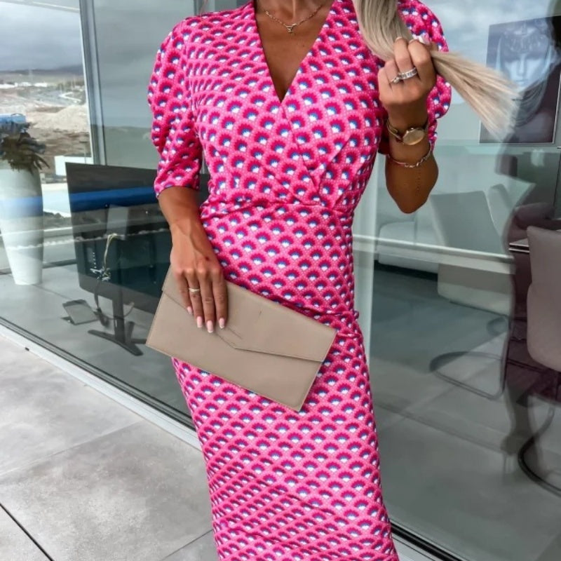 Moteriškos suknelės su trumpomis rankovėmis ir V formos iškirpte-LT