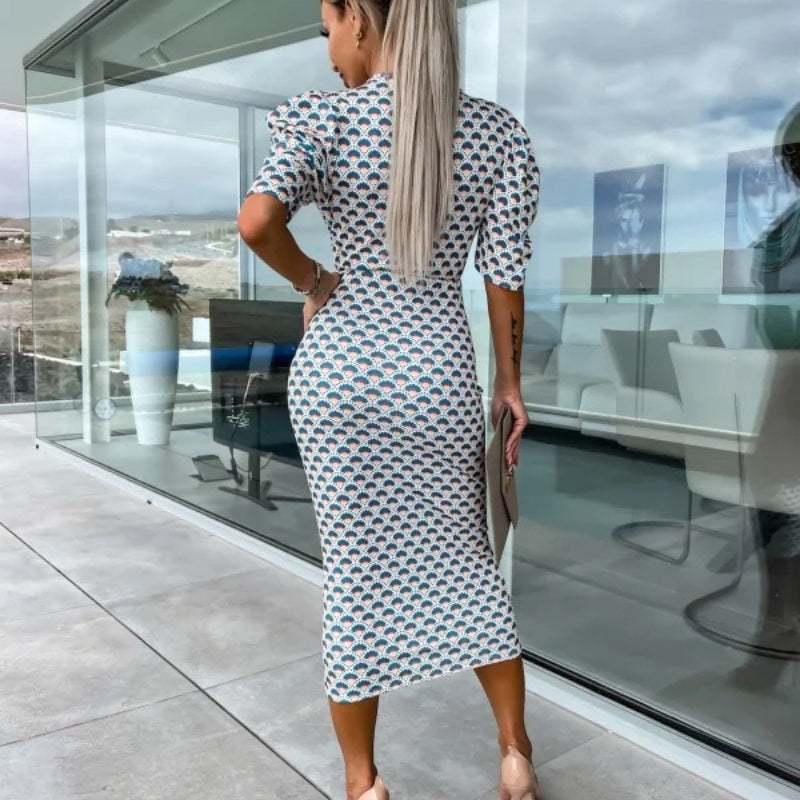 Moteriškos suknelės su trumpomis rankovėmis ir V formos iškirpte-LT