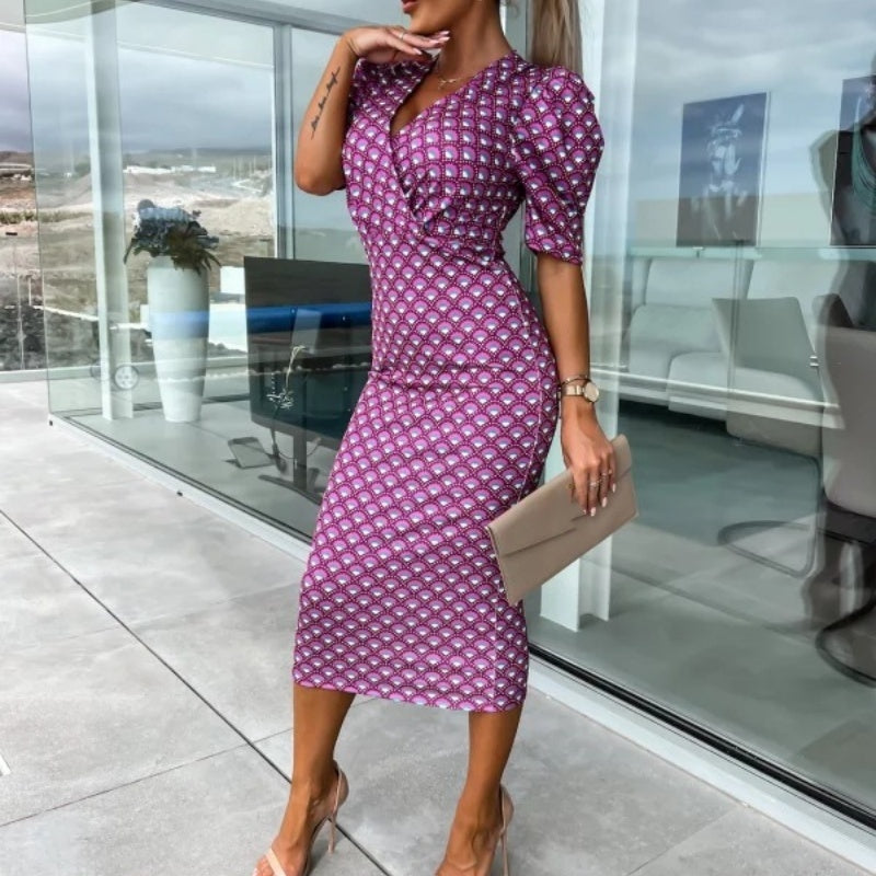 Moteriškos suknelės su trumpomis rankovėmis ir V formos iškirpte-LT