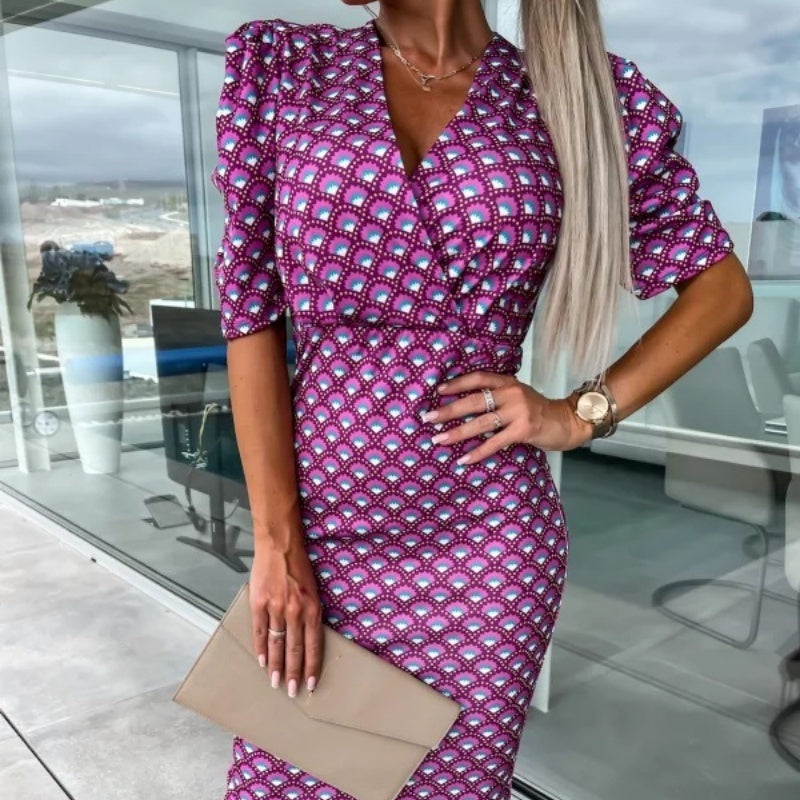 Moteriškos suknelės su trumpomis rankovėmis ir V formos iškirpte-LT