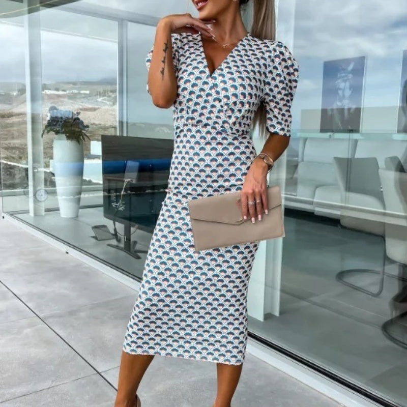 Moteriškos suknelės su trumpomis rankovėmis ir V formos iškirpte-LT