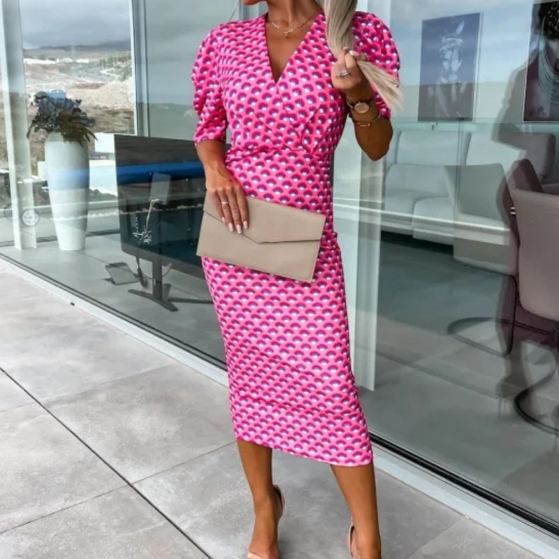 Moteriškos suknelės su trumpomis rankovėmis ir V formos iškirpte-LT