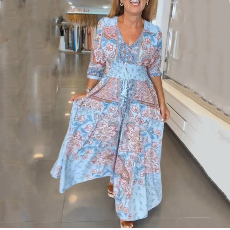 Γυναικείο κομψό φόρεμα με φλοράλ φλοράλ και κορδόνι-GR