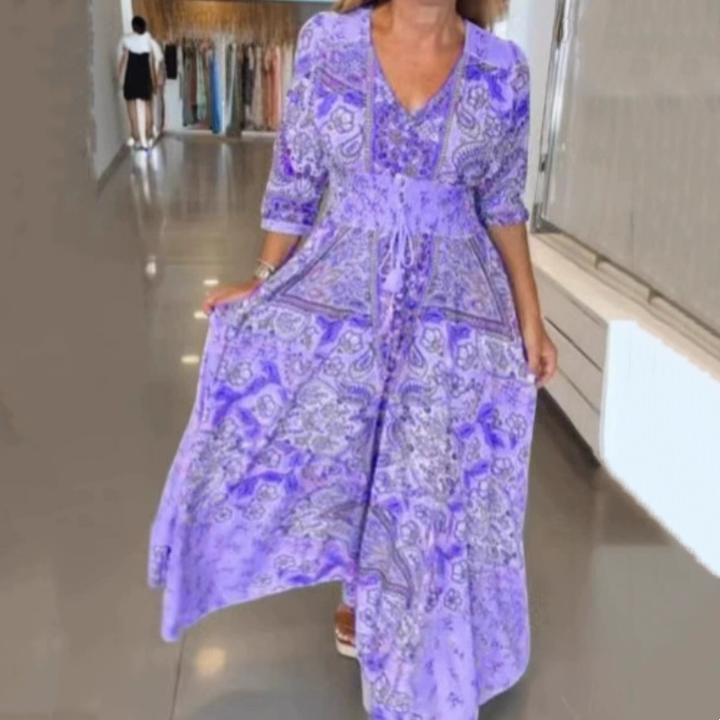 Γυναικείο κομψό φόρεμα με φλοράλ φλοράλ και κορδόνι-GR