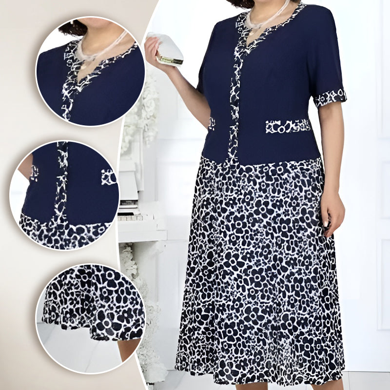 Moteriška elegantiška dviejų dalių suknelė iš dirbtinio audinio su gėlių raštu-LT