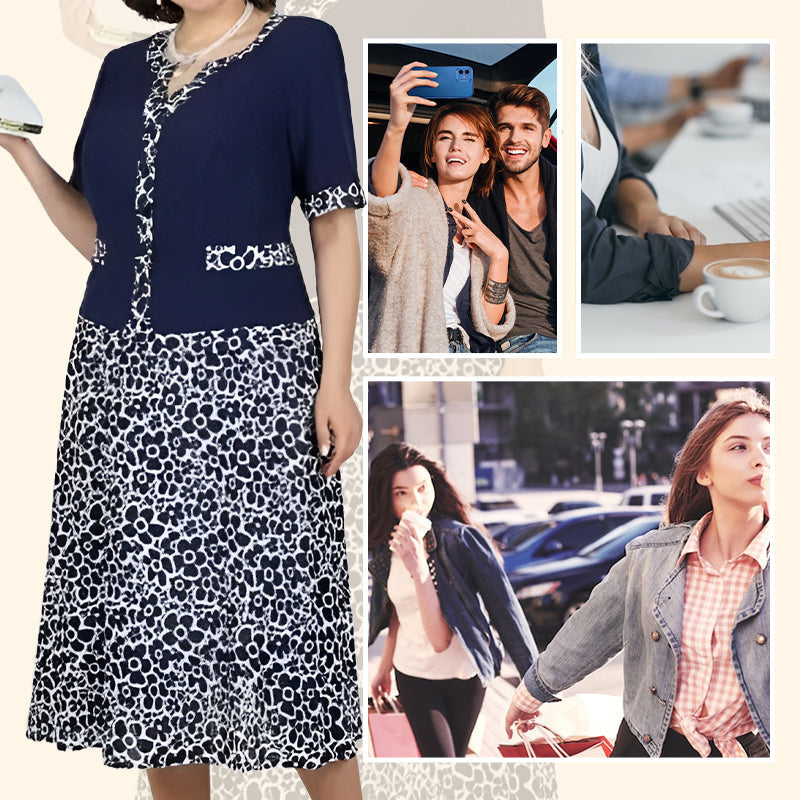 Moteriška elegantiška dviejų dalių suknelė iš dirbtinio audinio su gėlių raštu-LT