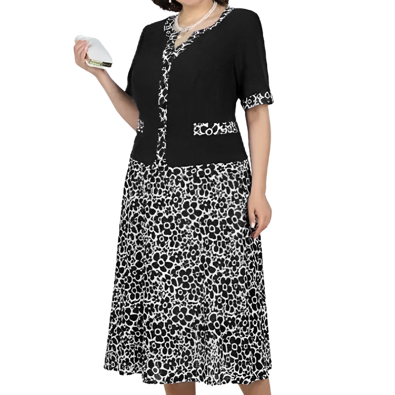 Moteriška elegantiška dviejų dalių suknelė iš dirbtinio audinio su gėlių raštu-LT