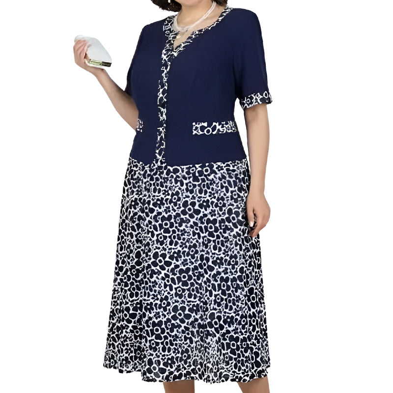 Moteriška elegantiška dviejų dalių suknelė iš dirbtinio audinio su gėlių raštu-LT