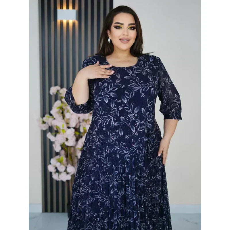 Apvalia iškirpte, 3/4 rankovėmis marginta maksi suknelė-LT