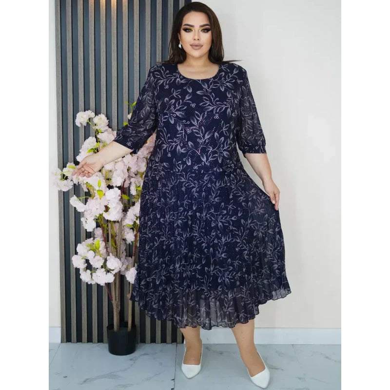 Apvalia iškirpte, 3/4 rankovėmis marginta maksi suknelė-LT