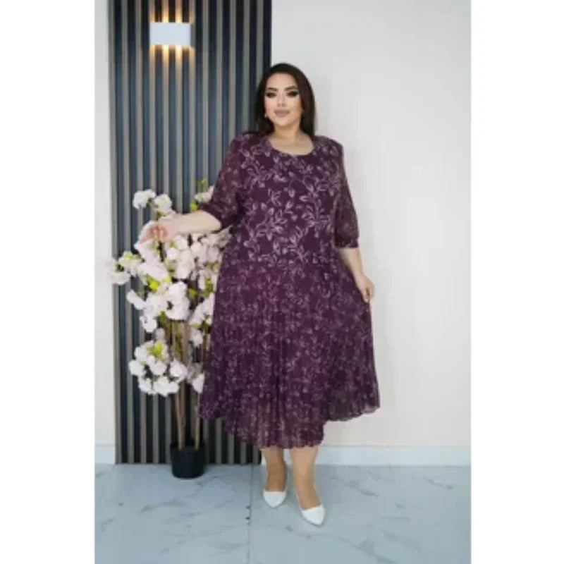 Apvalia iškirpte, 3/4 rankovėmis marginta maksi suknelė-LT