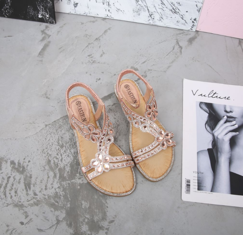 🔥Καλοκαιρινές Εκπτώσεις - Κομψά Φλατ Σανδάλια με Λουλούδια και Στρας-GR