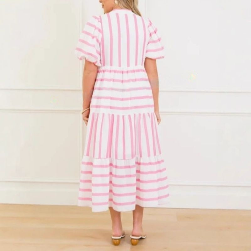 🌸Γυναικείο καλοκαιρινό ριγέ, φαρδύ, casual φόρεμα με κοντό μανίκι-GR