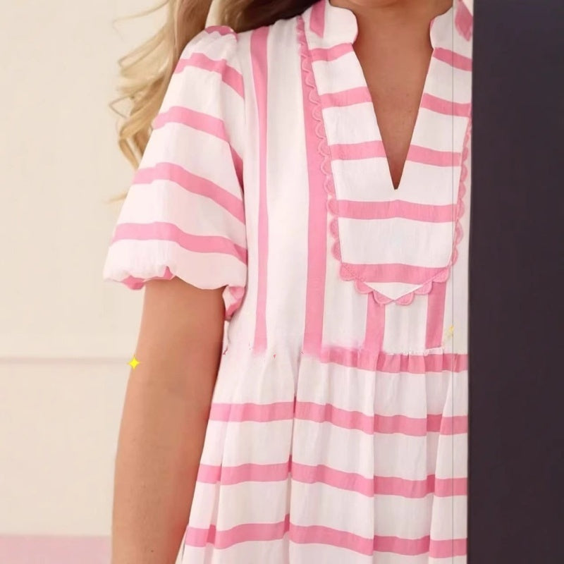 🌸Γυναικείο καλοκαιρινό ριγέ, φαρδύ, casual φόρεμα με κοντό μανίκι-GR