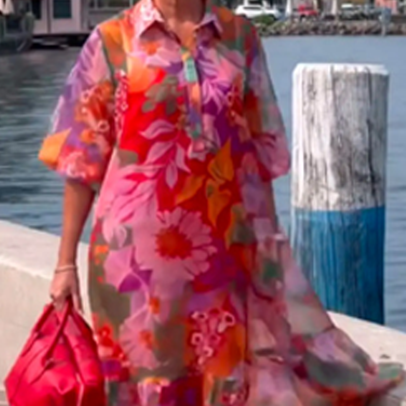 Raudona šifono suknelė su gėlių raštu-LT