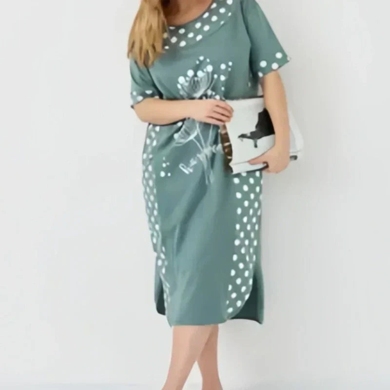 Moteriškos vasarinės laisvos suknelės su trumpomis rankovėmis ir A formos raštu-LT