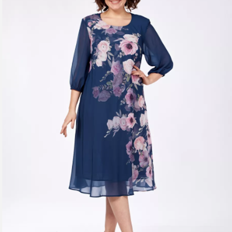 Elegantiška gėlėto rašto šifono suknelė su apvalia iškirpte-LT