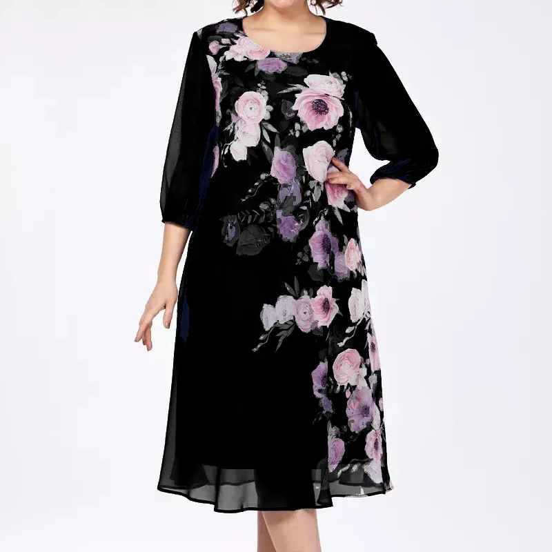 Elegantiška gėlėto rašto šifono suknelė su apvalia iškirpte-LT