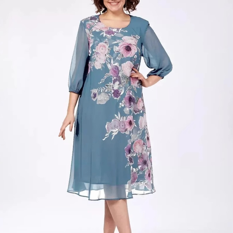 Elegantiška gėlėto rašto šifono suknelė su apvalia iškirpte-LT