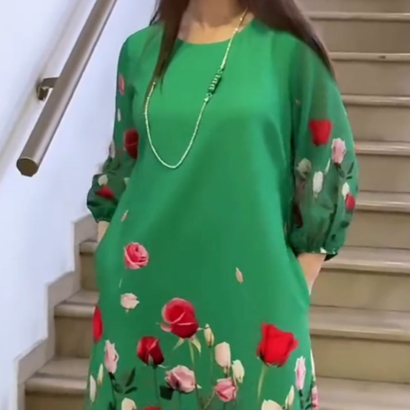 Elegantiška moteriška suknelė su gėlėmis ir apvalia iškirpte-LT