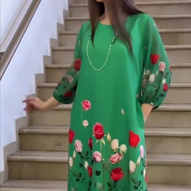 Elegantiška moteriška suknelė su gėlėmis ir apvalia iškirpte-LT