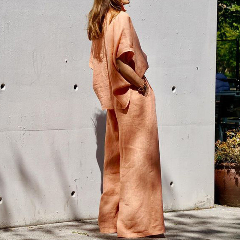 Γυναικείο σετ δύο τεμαχίων σε άτυπο στυλ από βαμβάκι και λινό-GR