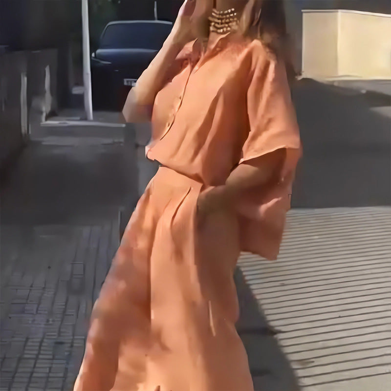 Moteriškas laisvalaikio dviejų dalių komplektas iš medvilnės ir lino-LT