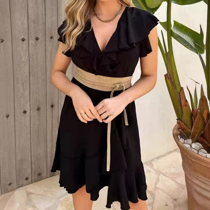 🔥Κομψό γυναικείο φόρεμα με δέσιμο στη μέση και βολάν με λαιμόκοψη V-GR