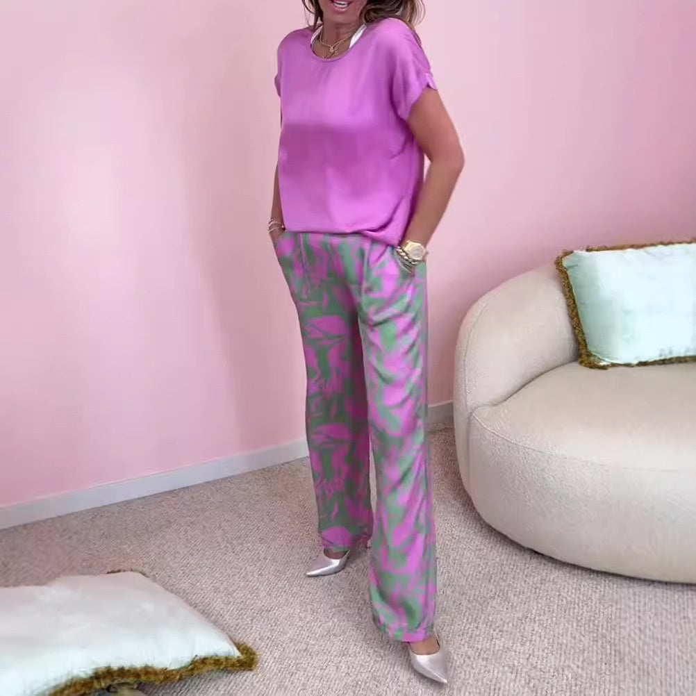 🎉【S-4XL】💝Σετ δύο τεμαχίων - τοπ με στρογγυλή λαιμόκοψη και παντελόνι με φαρδύ στρίφωμα στην τσάντα-GR